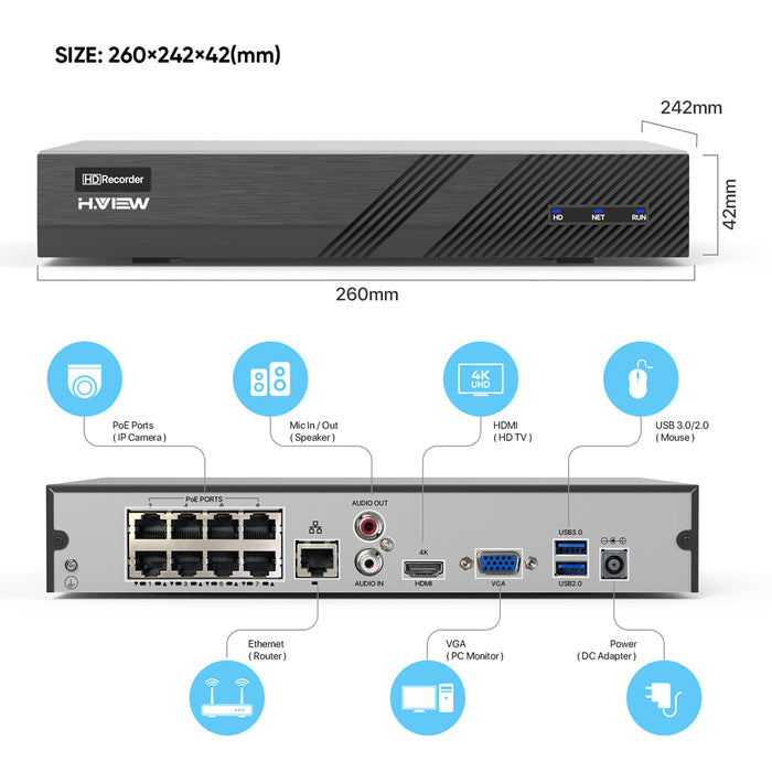 H.VIEW 6MP 8CH PoE NVR Supports 8 x 6MP IP Cameras (HDD Not Included)