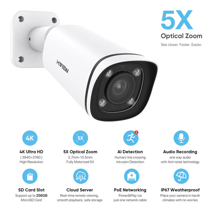 H. VIEW 4K 8MP IP POE Camera with 2.7-13.5mm Lens 5x Optical Zoom (HV-800G2A)