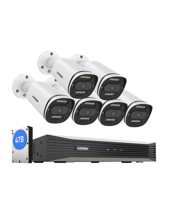 H.VIEW 8CH 4K Home Security Camera System, 4pcs Wired 8MP Outdoor Color Night Vision IP Cameras, 8MP 8CH POE NVR , Support 6TB HDD for 24-7 Recording(HDD is Not Included.)