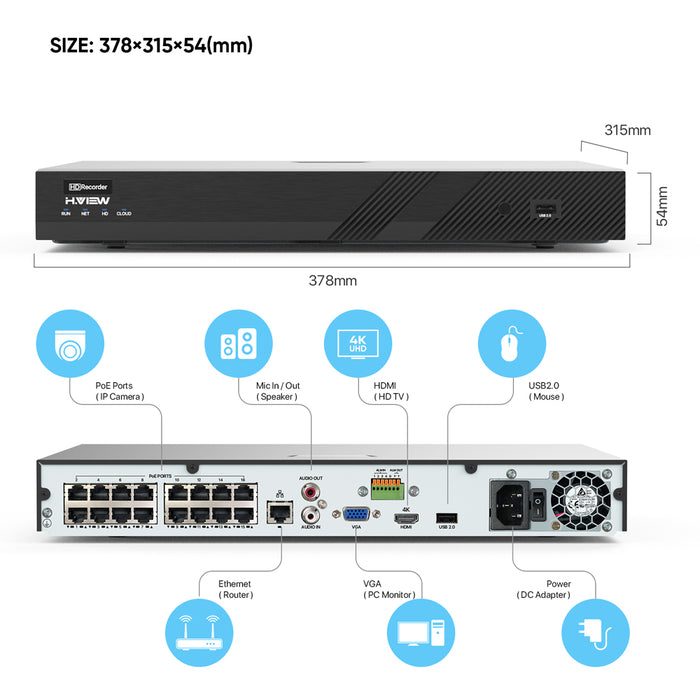 H.VIEW 16 Channel NVR 4K @30fps,Supports up to 2 x 10TB Hard Drive (Hard Drive Not Included)