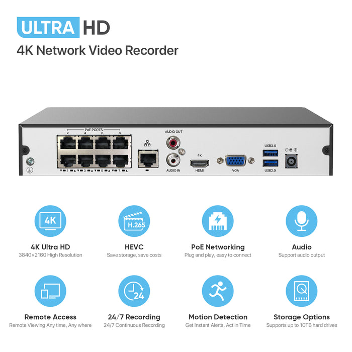 H.VIEW 8CH 4K PoE NVR, Support up to 8x4K IP Cameras  (HDD Not Included)