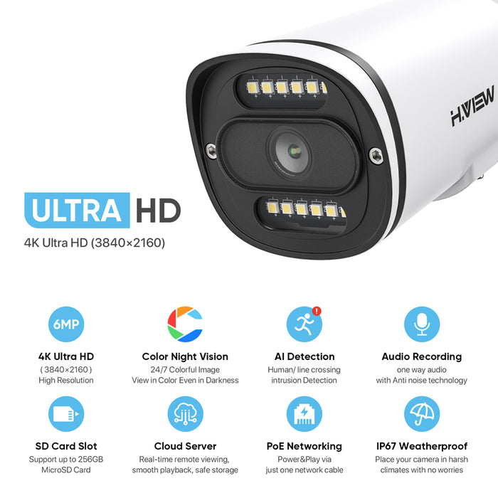 H.VIEW ColorCam UltraHD 4K /8MP POE Full Color Night Vision Camera (HV-800G2A5)