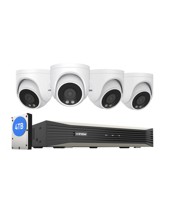 H.VIEW H.265 4K POE Color Night Vision Security Camera System, 4pcs Color Night Vision Cameras, Human Detection, 8MP 8CH 4K NVR , Support up to 6TB HDD(Not Included)