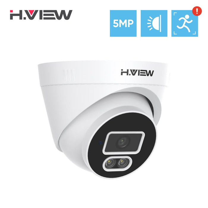 H.VIEW 5MP Spotlight Camera, POE Outdoor Security IP Turret Camera with Mic/Audio, 5-Megapixel, 2.8mm Lens, IP67 Weatherproof, MicroSD Recording (256GB), White, HV-502