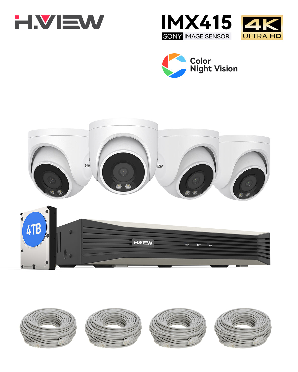 H.VIEW H.265 4K POE Color Night Vision Security Camera System, 4pcs Co ...