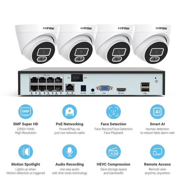 H.VIEW H.265 5MP POE Security Camera System, 4pcs Spotlight IP Camera, AI Detection, 5MP 8CH NVR , Support 4TB HDD for 24-7 Recording(HDD No included)