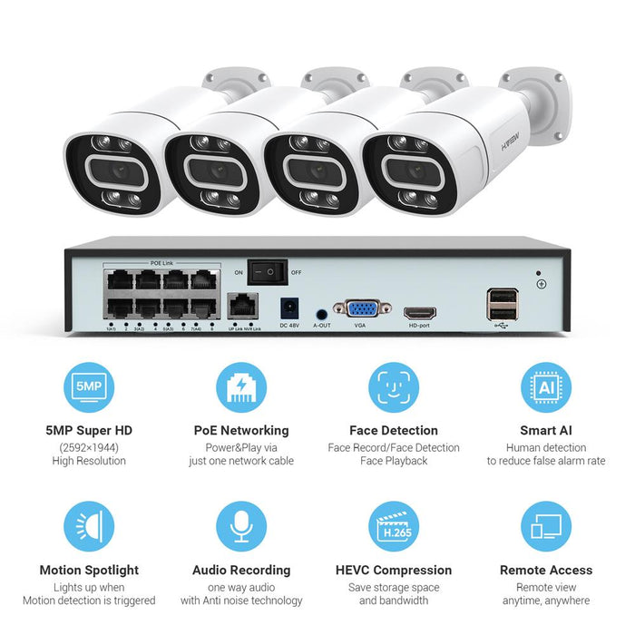 H.View 8CH 5MP CCTV Security Cameras System Home Video Surveillance Kit Ai Face Detection Audio Outdoor IP Spotlight Camera POE NVR Set